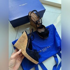 AQUAZZURA Wild One Wedge Suede Espadrillas 115 Ink Tie-up Sandals Size 39